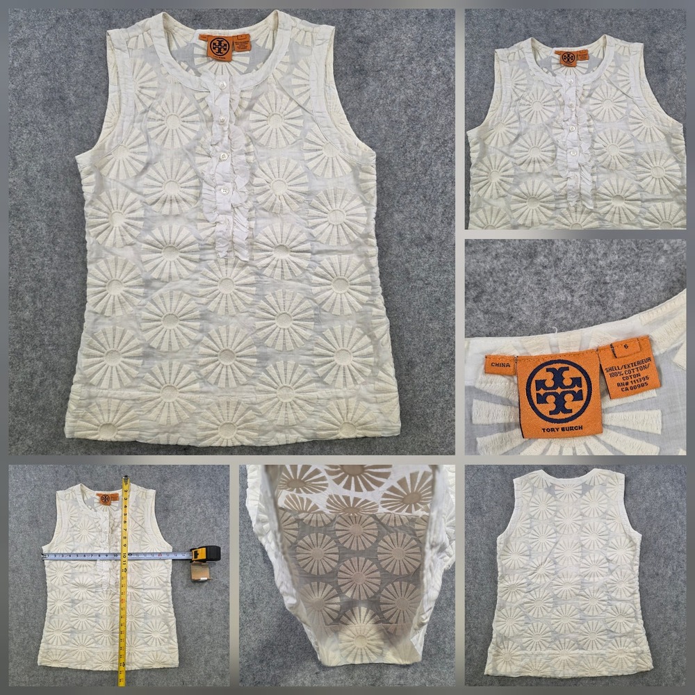 Tory Burch Blouse Womens 6 White Floral Embroidered Ruffle Sleeveless Top